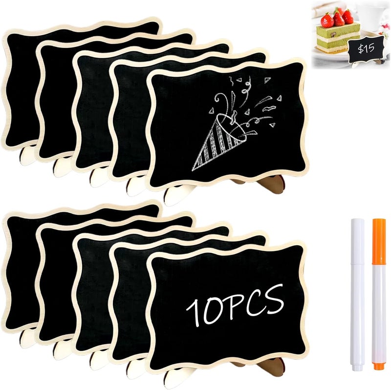 Bolsdoic 10PCS Mini Chalkboard Signs, Framed Small Chalk Board Food Labels with Easel Stand, Reusable Writable Blackboard with 2 Chalks, Wood Place Cards for Weddings, Birthday Parties, Buffet (Wave) - Image 1